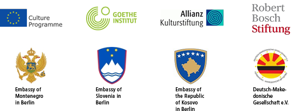 2012 and 2013 concerts supporters: European Union Culture Programme,
                    Goethe-Institut, Allianz Kulturstiftung, Robert Bosch Stiftung, Embassy of
                    Montenegro in Berlin, Embassy of Slovenia in Berlin, Embassy of the Republic of
                    Kosovo in Berlin, Deutsch-Makedonische Gesellschaft e.V.