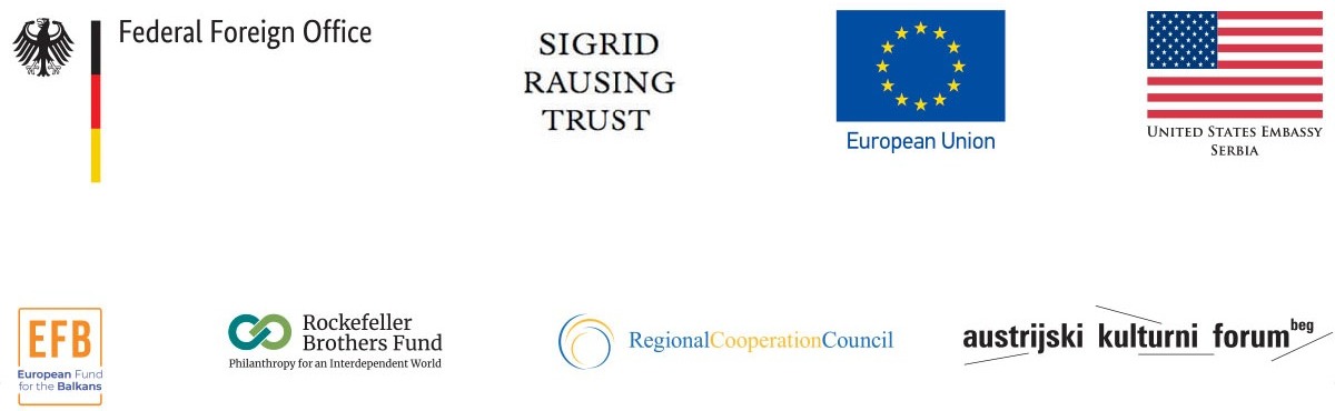 Balkan Season 2021 supporters: Federal Foreign Office, Sigrid Rausing Trust,
                    European Union, United States Embassy Serbia, EFB European Fund for the Balkans,
                    Rockefeller Brothers Fund, Regional Cooperation Council, Austrijski kulturni
                    forum Beograd.